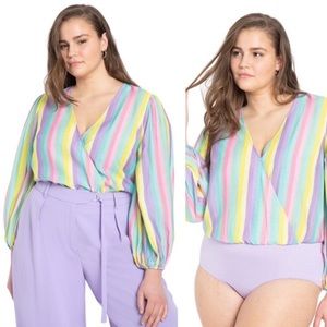 ELOQUII Pastel Stripe Long Sleeve Surplice Bodysuit Balloon Sleeve Faux …
